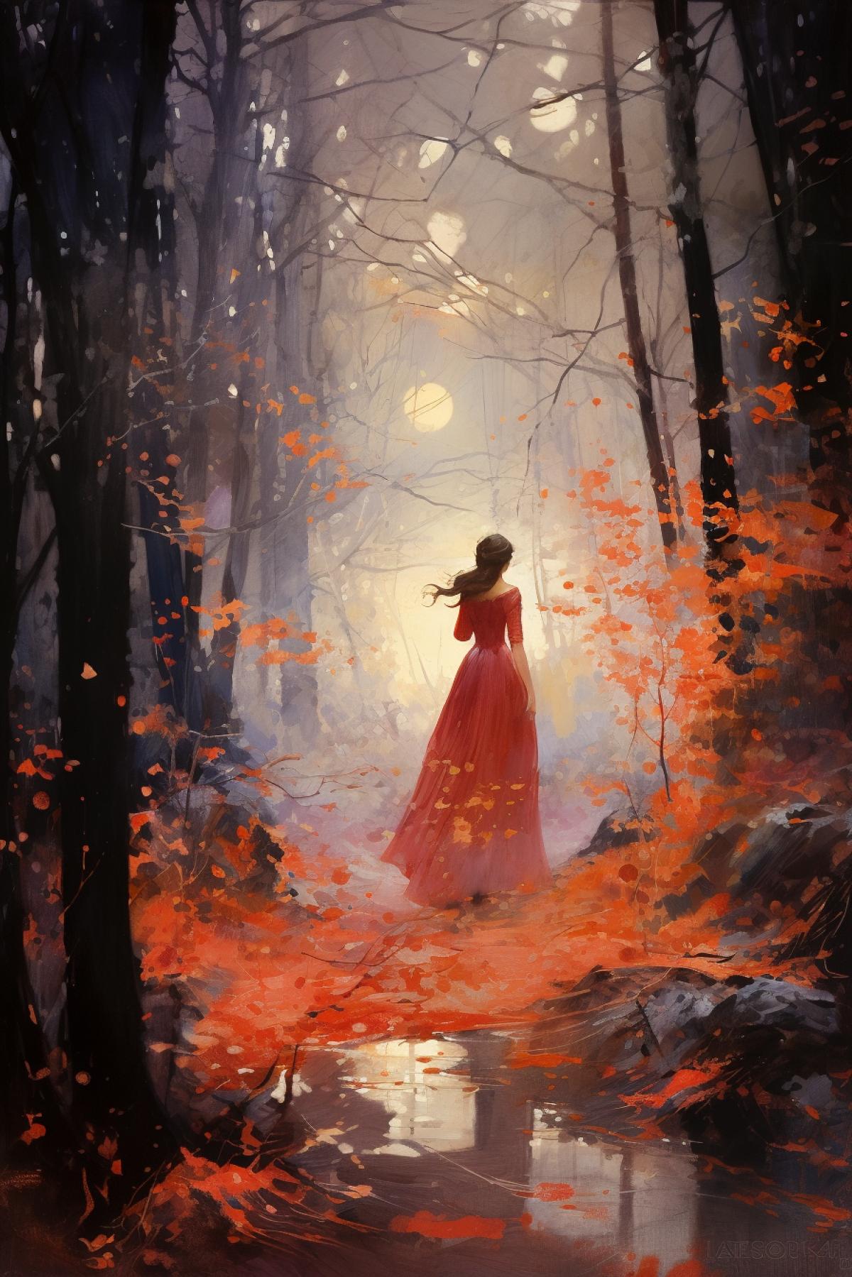 Woman in wedding dress lost in the woods, by Paul Bonner + William Timlin + Brothers Grimm, Fantasy painting, bold color scheme, gorgeous details, Forestcore, Night core, watercolor, in John Salminen style, ar 2:3