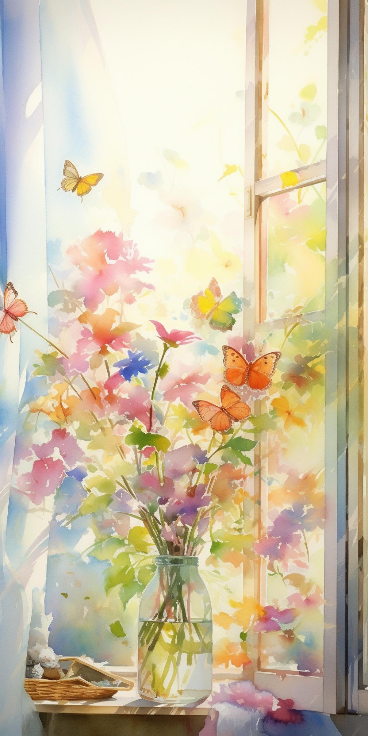 ultra fine watercolor, wonderful morning, the first rays of the sun break through the window, butterflies of unprecedented amazing beauty fly through the open window ar 9:16