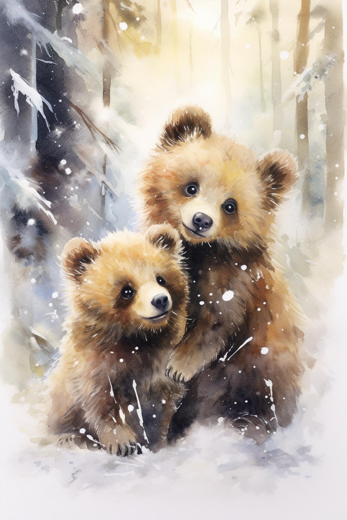 Watercolor, In ice and snow, a super cute and happy brown bear cubs falls in the snow, around the trees, a ray of sunlight shines on the snow through the woods, so beautiful, sparkling ✨ ✨ gorgeous and magical natural depth of field, looks very romantic, super detail,