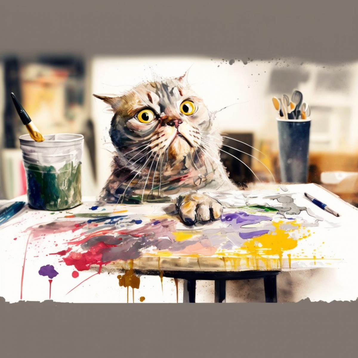 The cat made a mess on the table of the artist. The cat is covered in paint. The cat is horrified. Watercolor drawing.