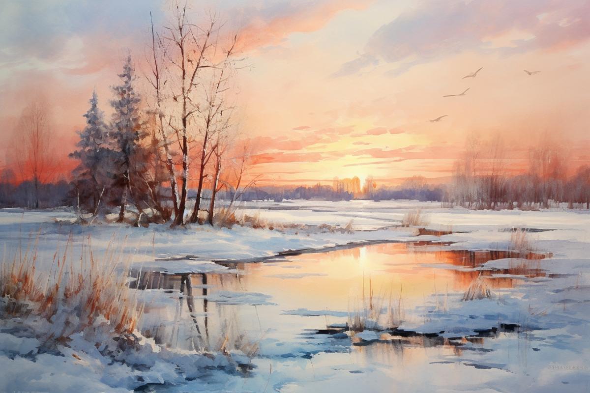 Peter Leek style landscape watercolor, Russia at sunset, amazing color of clouds and sky. misty, serene, calm, peaceful