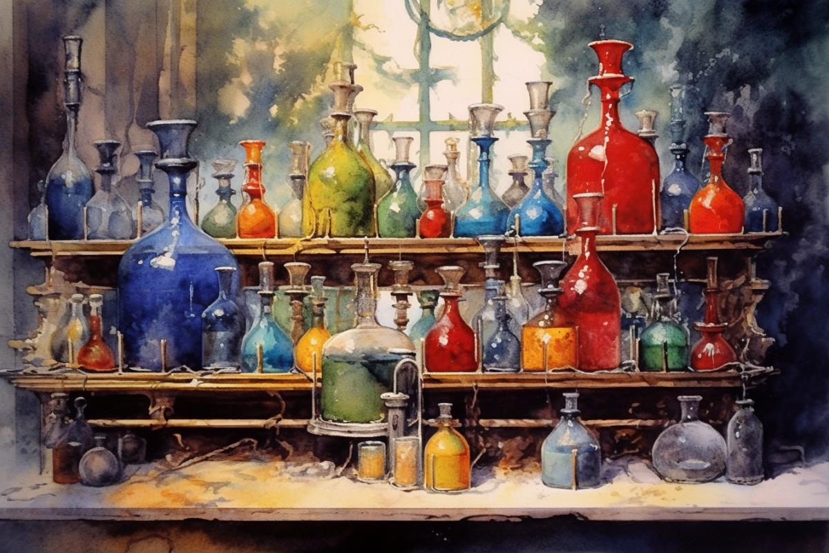 Chemical laboratory, many flasks and flasks, multi-colored solutions, fascinating chemistry, watercolor drawing