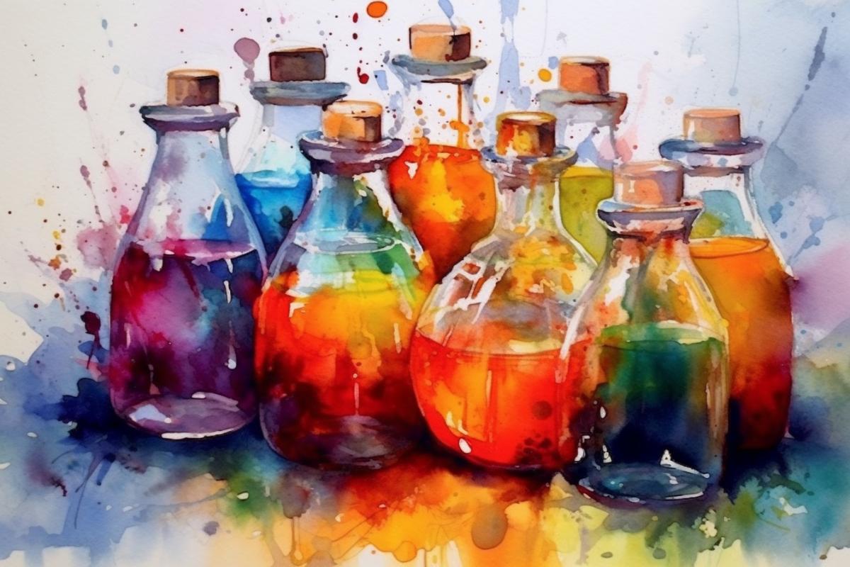 Chemical laboratory, many flasks and flasks, multi-colored solutions, fascinating chemistry, watercolor drawing