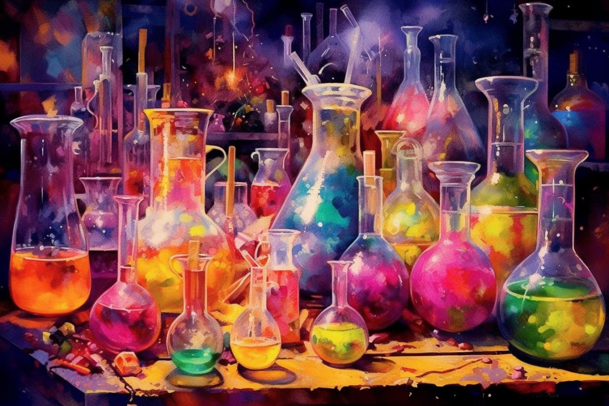 Chemical laboratory, many flasks and flasks, multi-colored solutions, fascinating chemistry, watercolor drawing