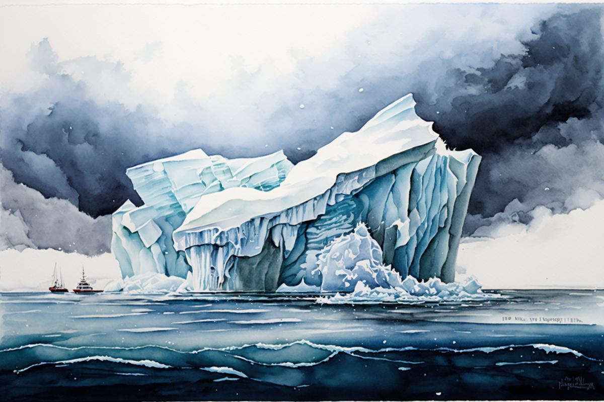 Blue ice of Antarctica, watercolor drawing