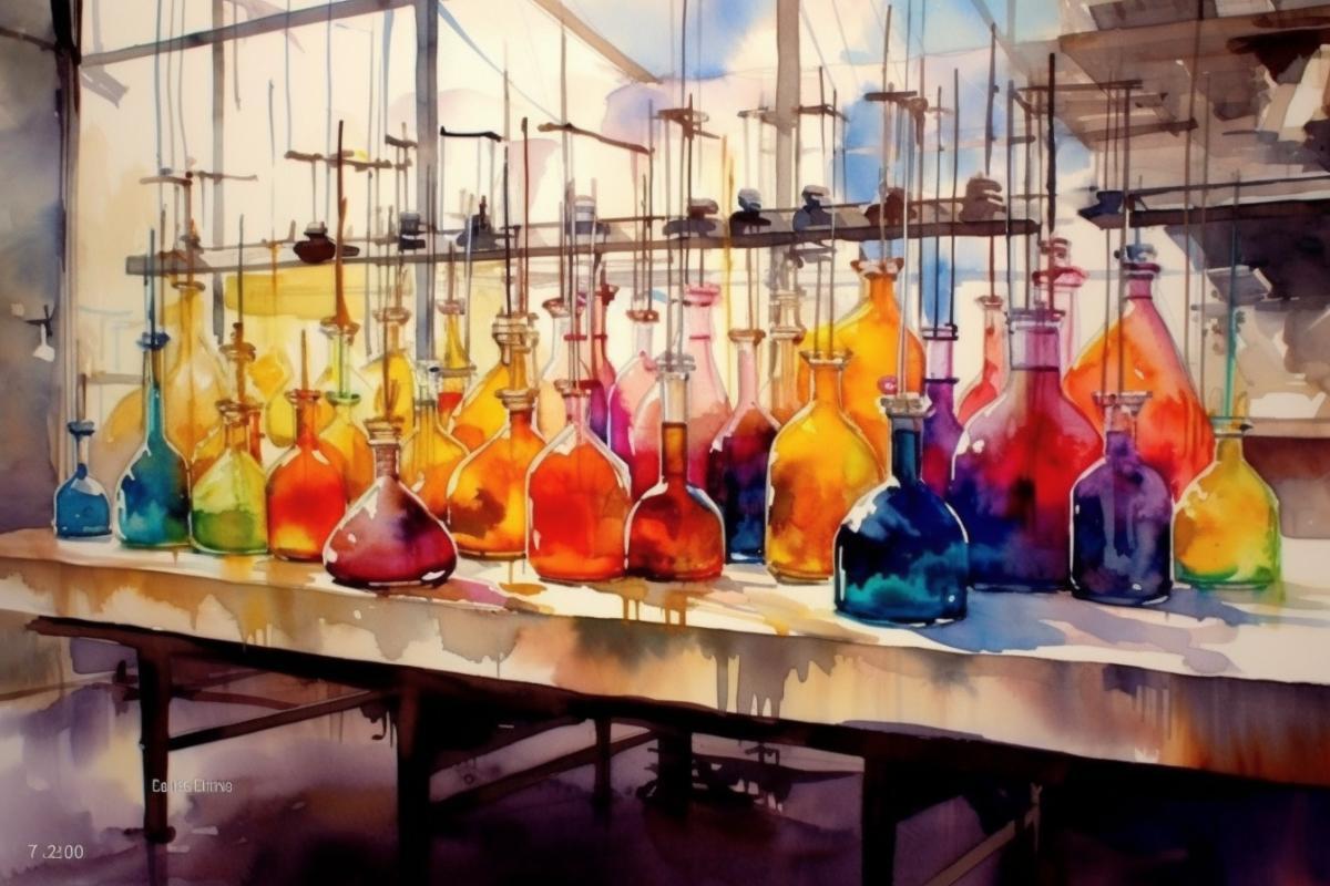 Chemical laboratory, many flasks and flasks, multi-colored solutions, fascinating chemistry, watercolor drawing