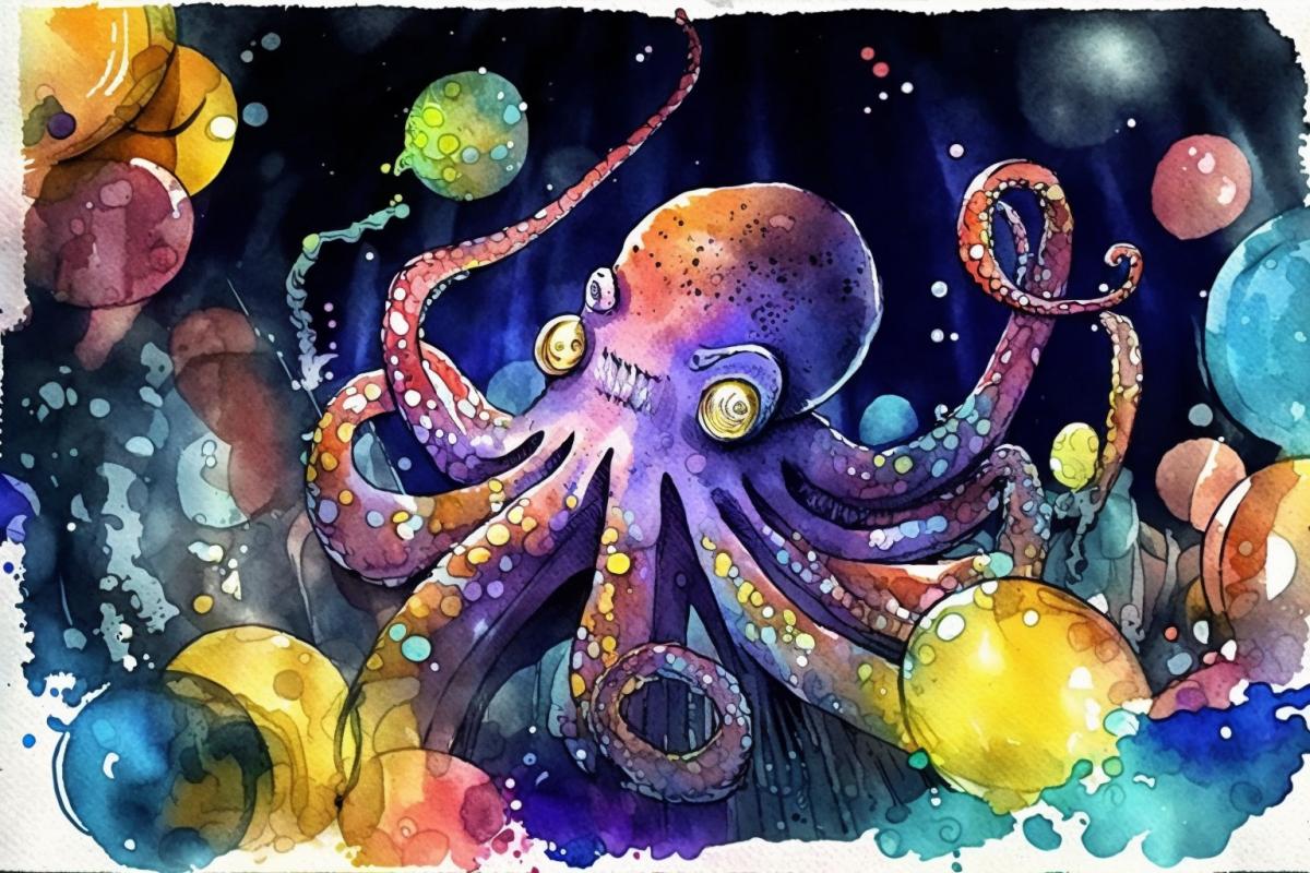 Octopus disco in the sea, watercolor drawing