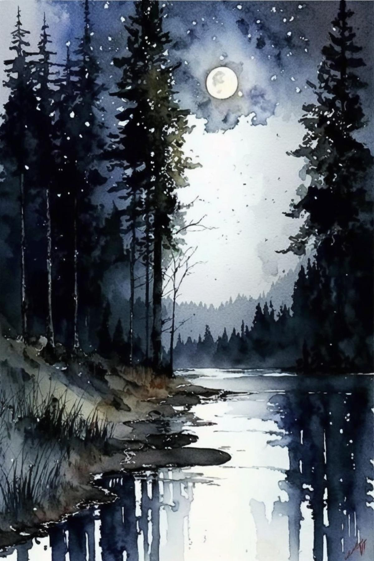 full moon over a calm lake in the forest, lunar path, watercolor
