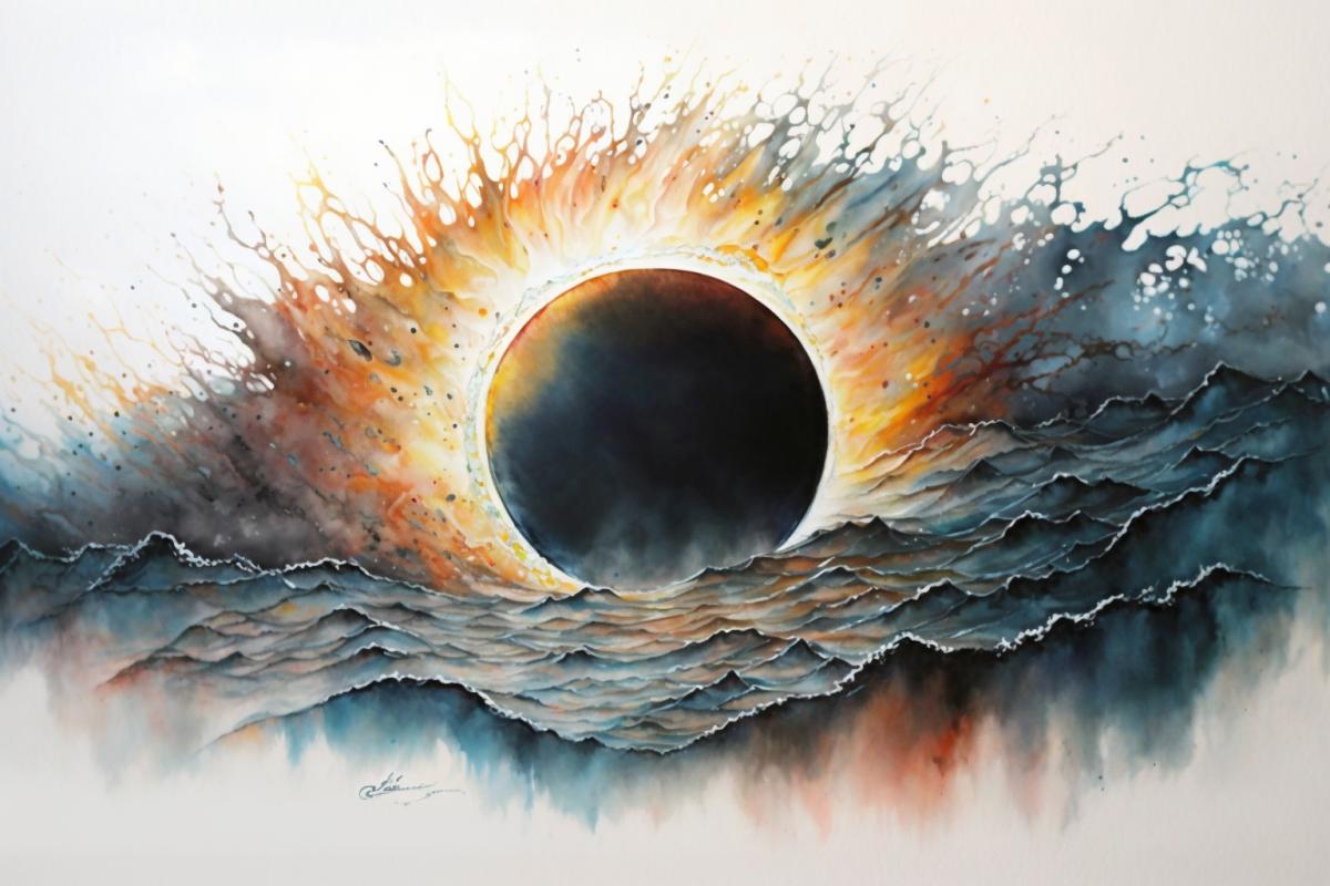 Sun eclipse, dramatic watercolor drawing
