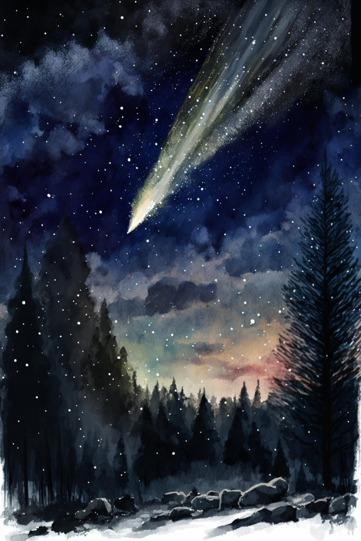 The meteorite fell in the night forest. Watercolor drawing.