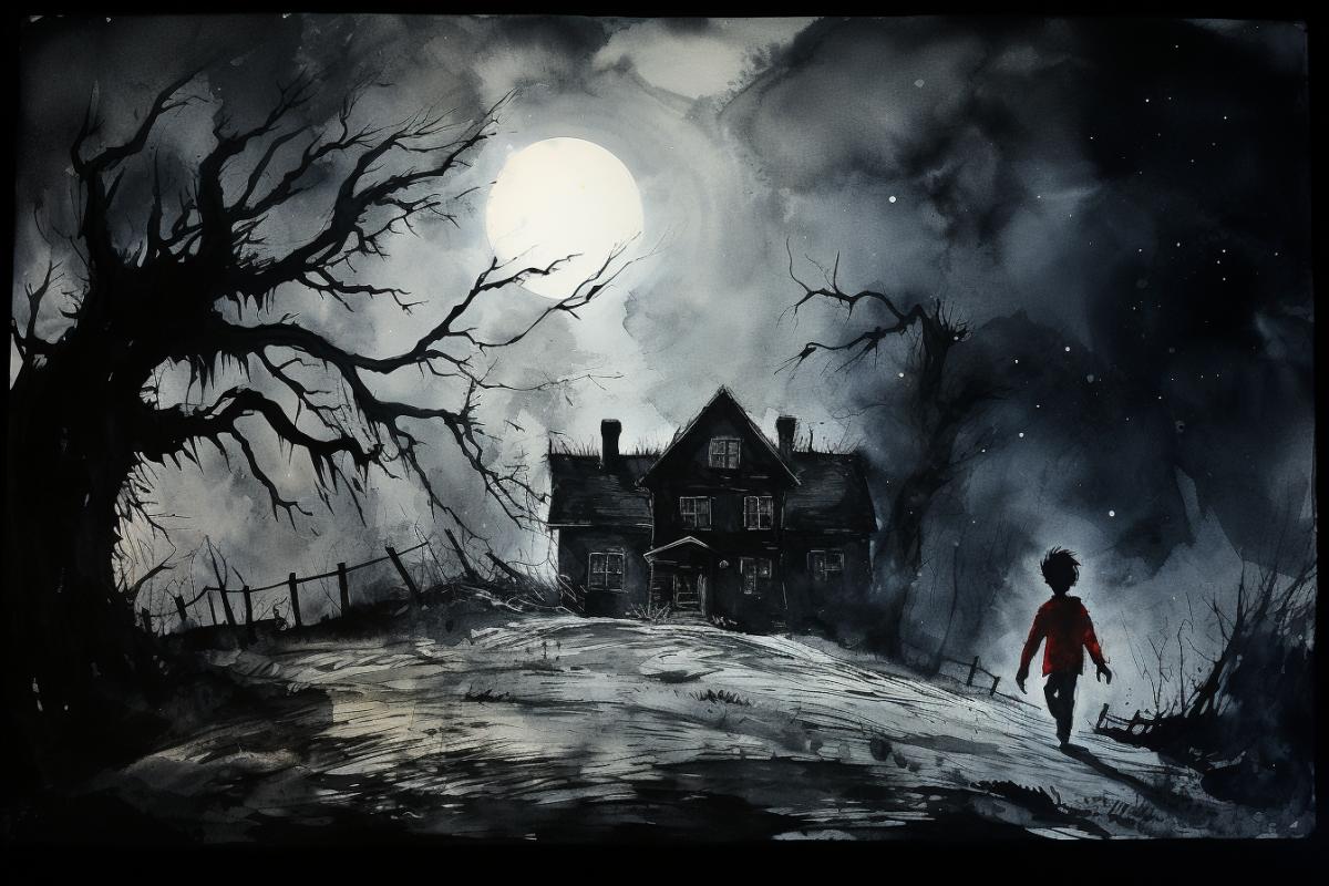 The boy looks at the scary house from which his hands reach out, dark and white drawing, watercolor