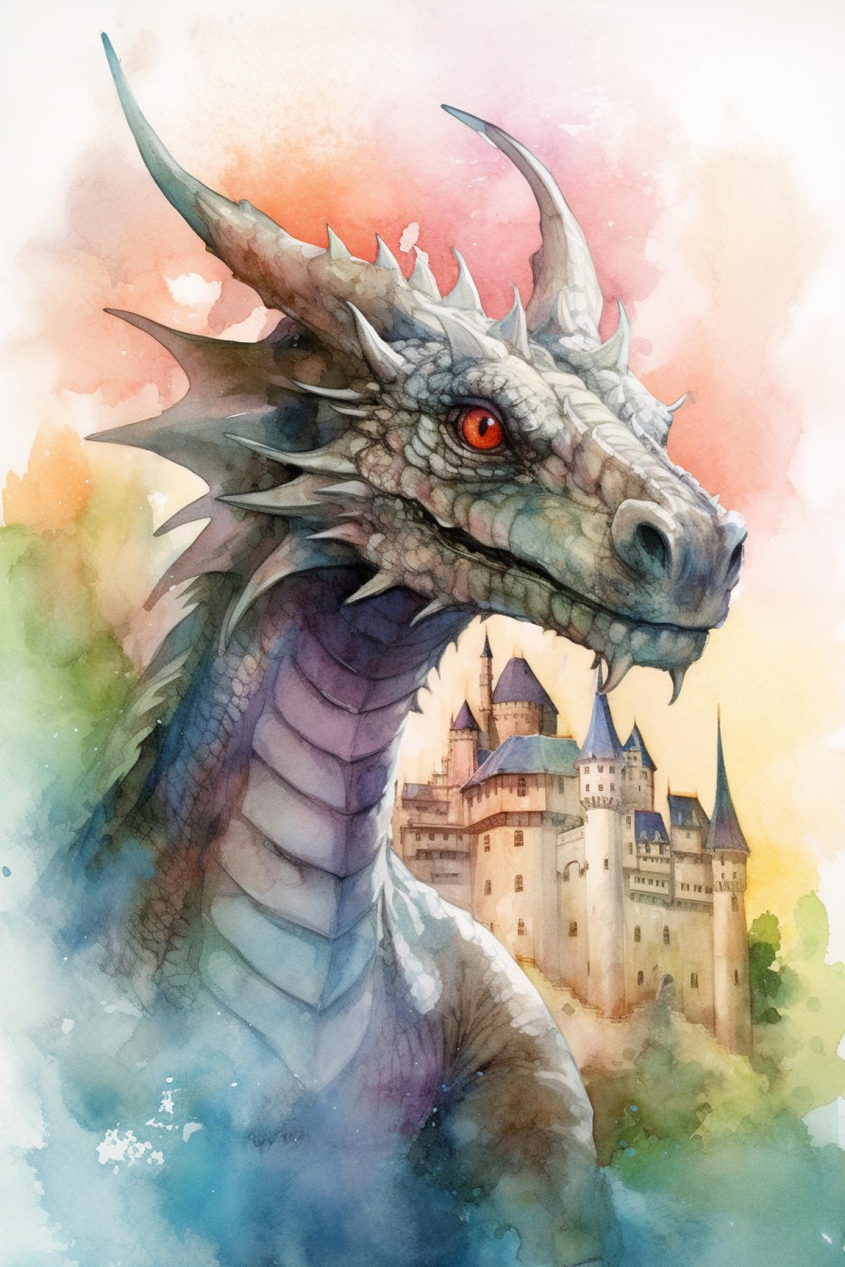 Dragon, princess and castle in watercolor style