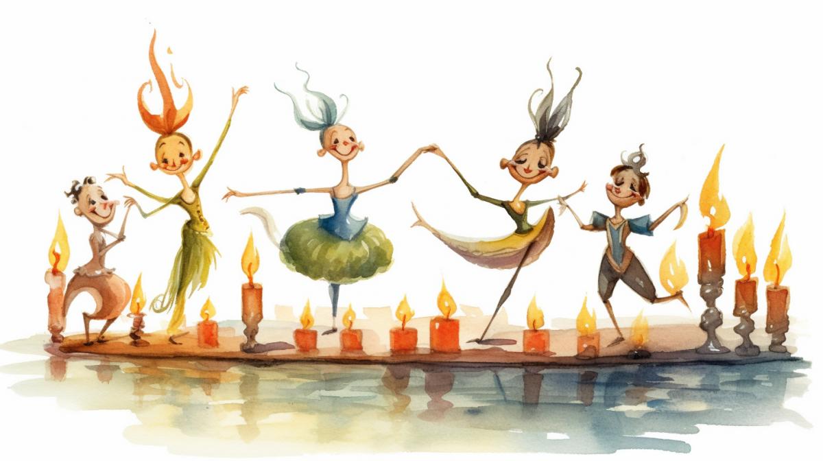 Candles dancing ballet, friendly cartoon, watercolor drawing