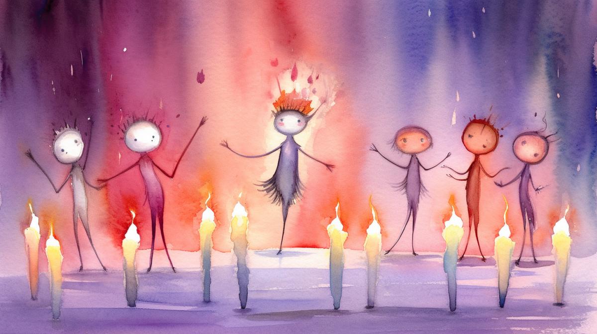 Candles dancing ballet, friendly cartoon, watercolor drawing