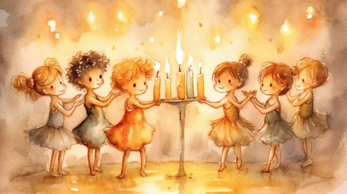 Candles dancing ballet, friendly cartoon, watercolor drawing