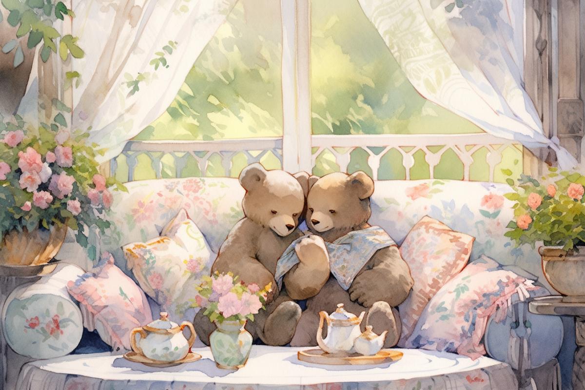 Two plush toys, a hare and a bear, on a couch, side by side in an embrace, garden veranda, white window with white lace curtains in folkloric style, outdoor scenes, familiar domestic scenes, watercolor illustration, watercolor art
