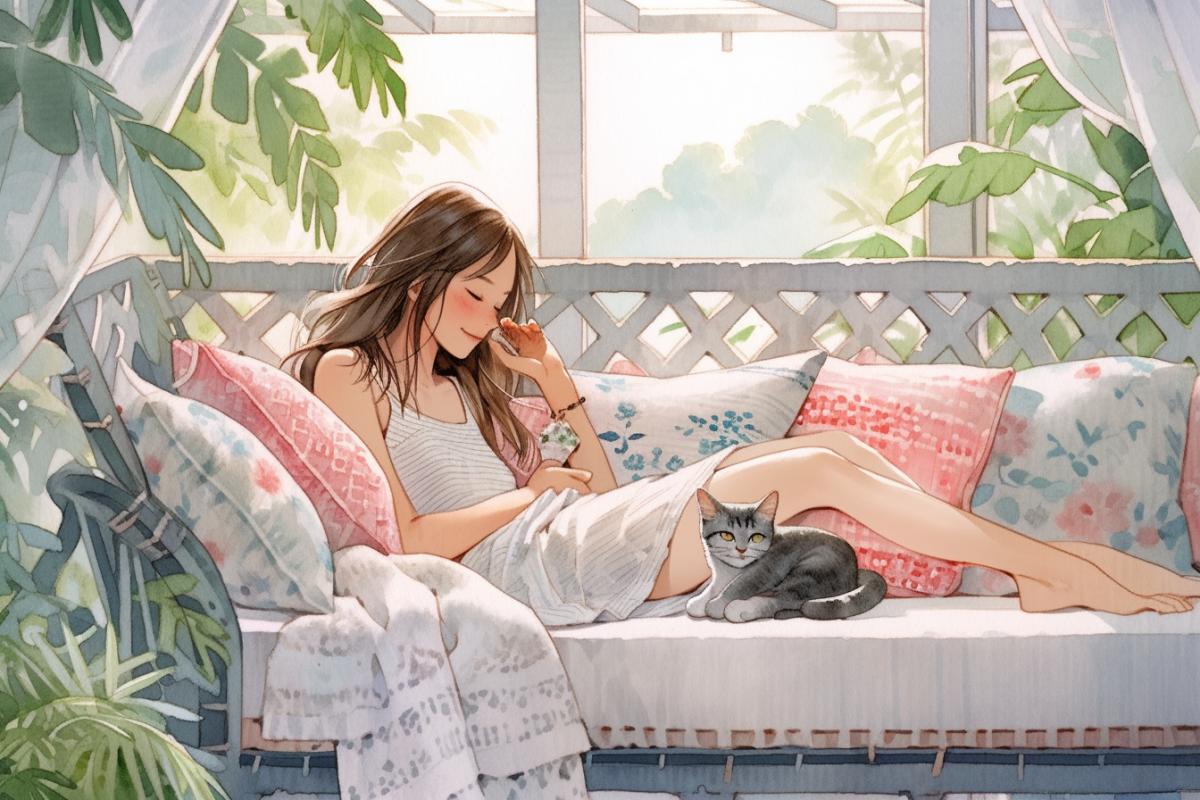 Cute long-legged young woman in short shorts and top, on couch, cuddled with cat, garden veranda, white window with colored lace curtains in folkloric style, outdoor scenes, familiar domestic scenes, high angle shot, aerial shot, watercolor illustration, watercolor art