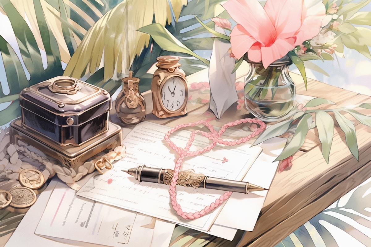 unfinished letter on the table, pen and inkwell, dried flower, pink ribbon, necklace and ring, palm leaves, open window, sea breeze, watercolor illustration, postcard, watercolor art