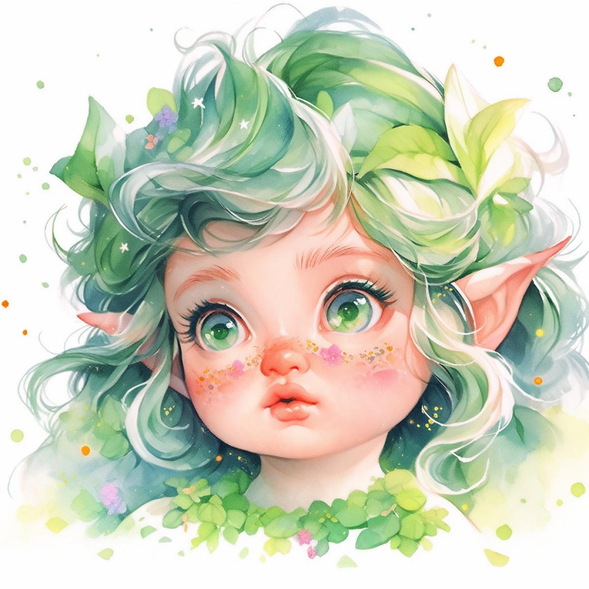 Beautiful cute little elf baby personifying summer, in pixar style, cartoon, watercolor, portrait, close-up, adorable eyes