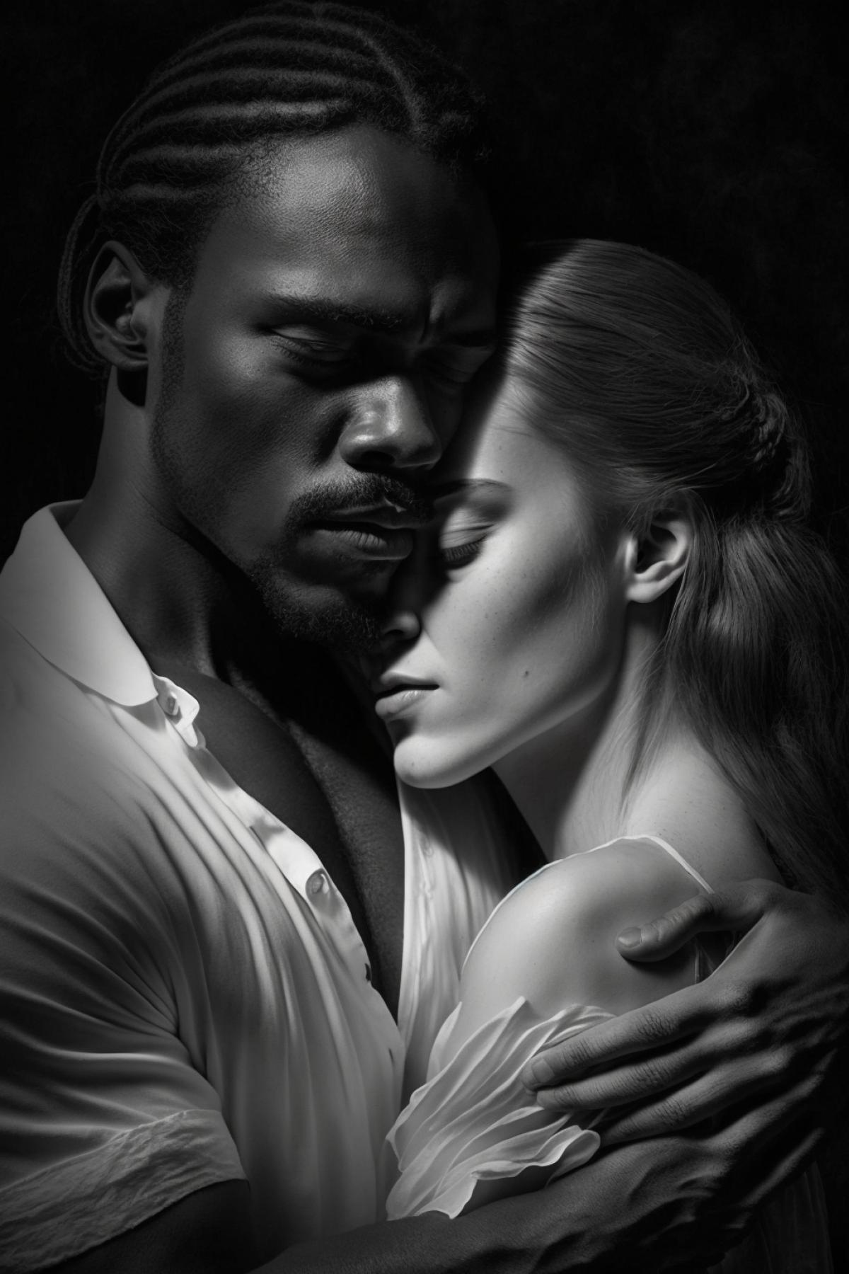 A white woman in a dark dress is embraced by a dark man in a white T-shirt. Kiss. dark and white photography. Art photography.