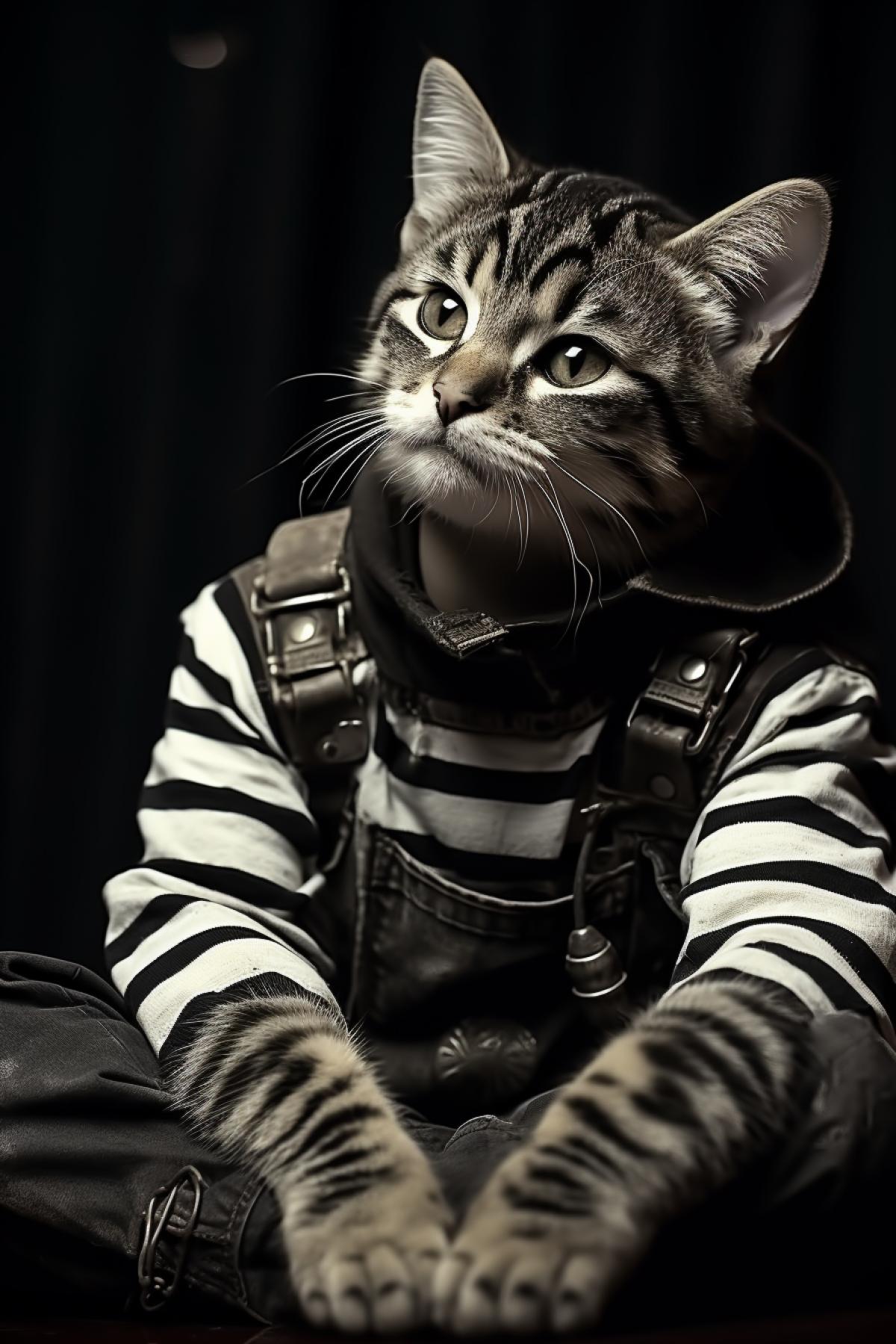 A sailor in a vest removes a tabby cat from a birch. dark and white photography. Art photography.