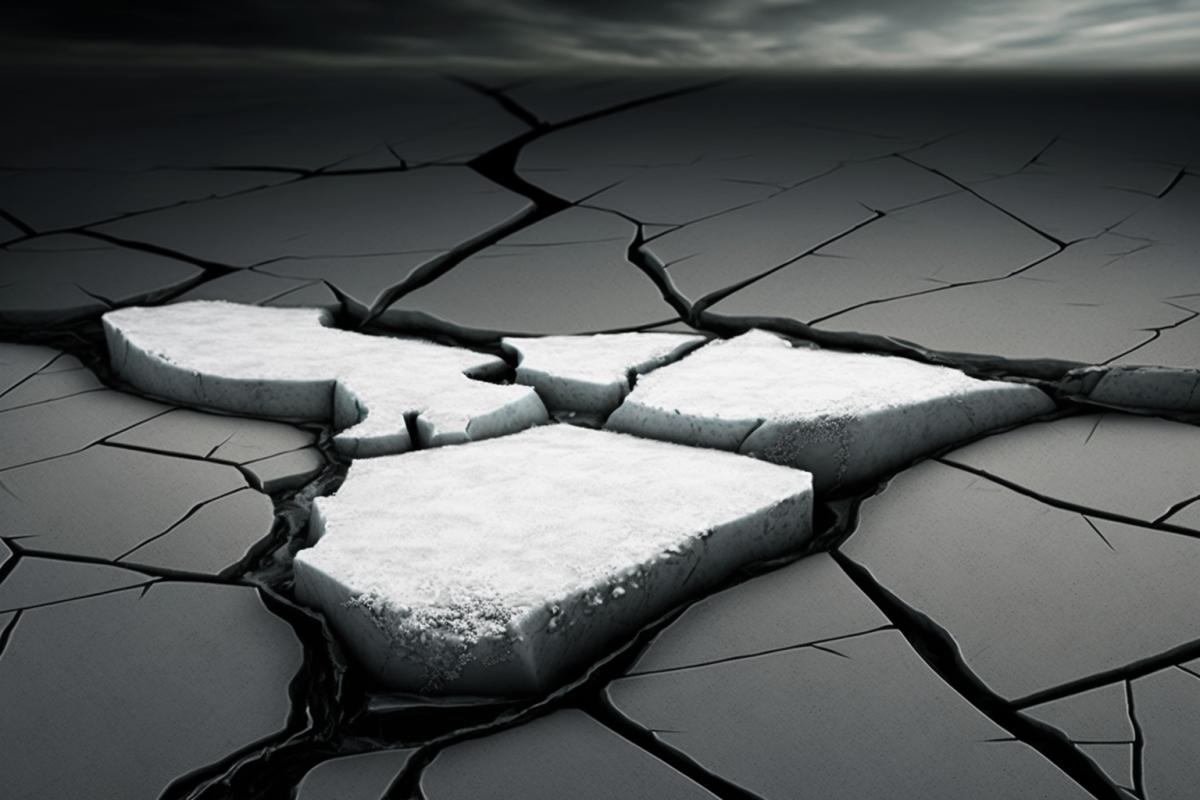 white snow, gray ice on cracked ground