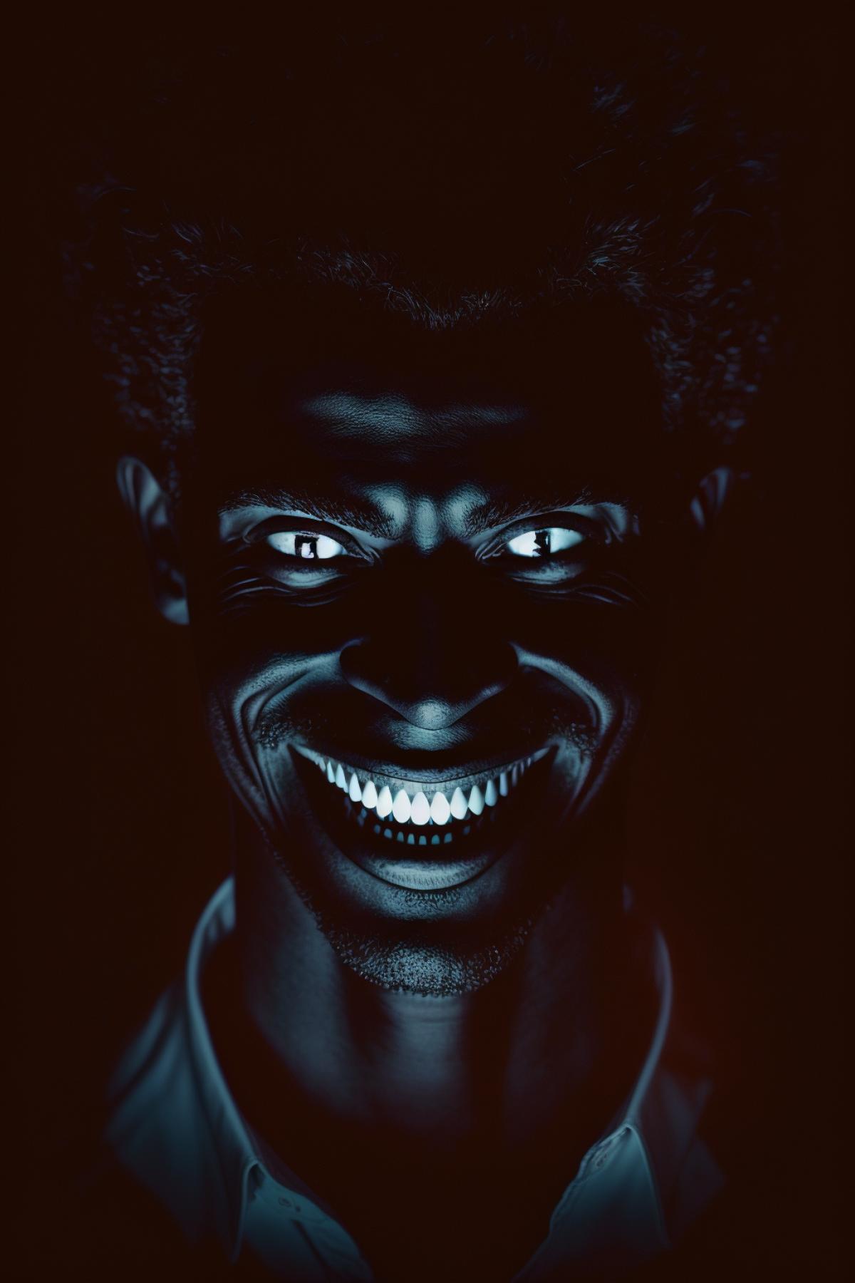 close-up of a man in pitch darkness, Alexander Fedosav, instagram, evil smile and glowing eyes, creepy found footage, dark dark skin, insane crazy laugh, dark and white photo