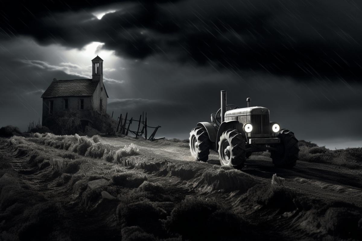 Abandoned village, broken tractor. Dramatic dark and white photo.