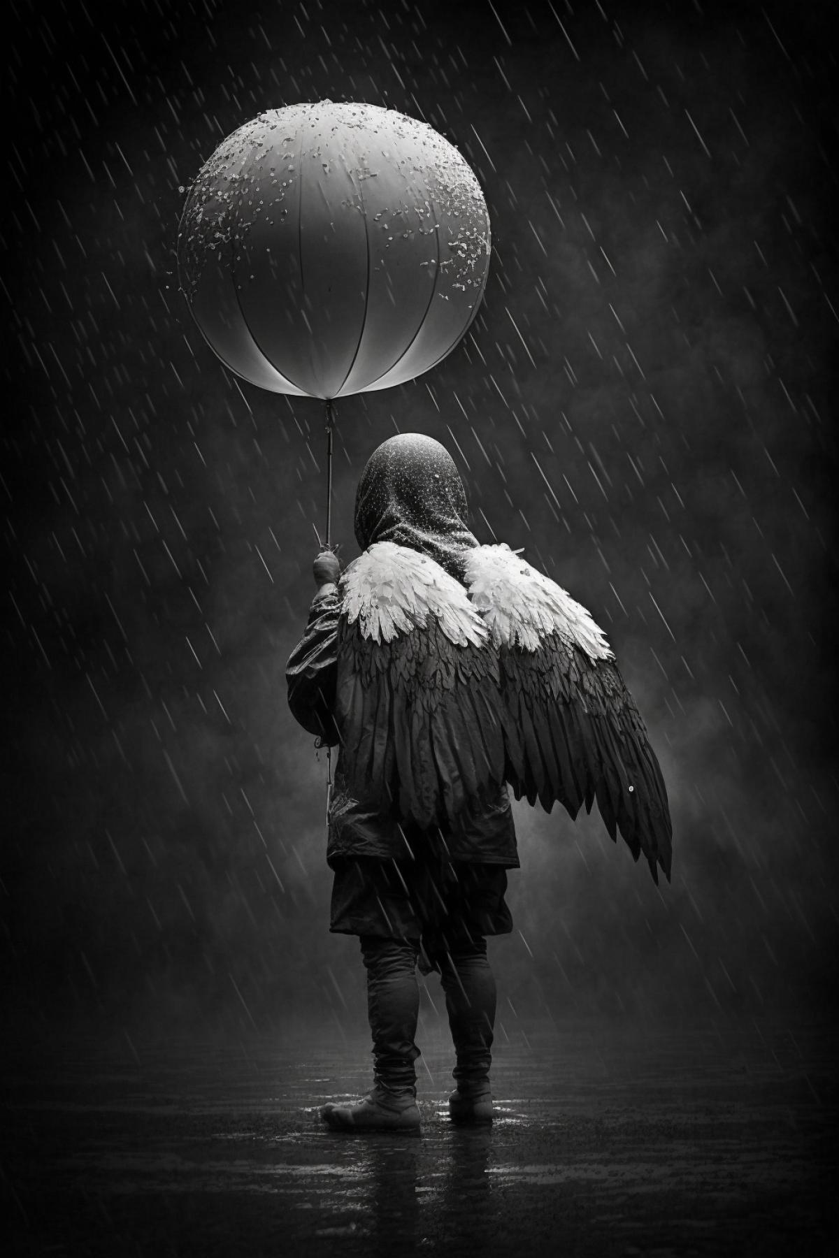 angel with a balloon and rain, in the style of stark dark and white photography, dark fantasy creatures, pigeoncore, etam cru, misha gordin, emotional expressionism, ahmed morsi