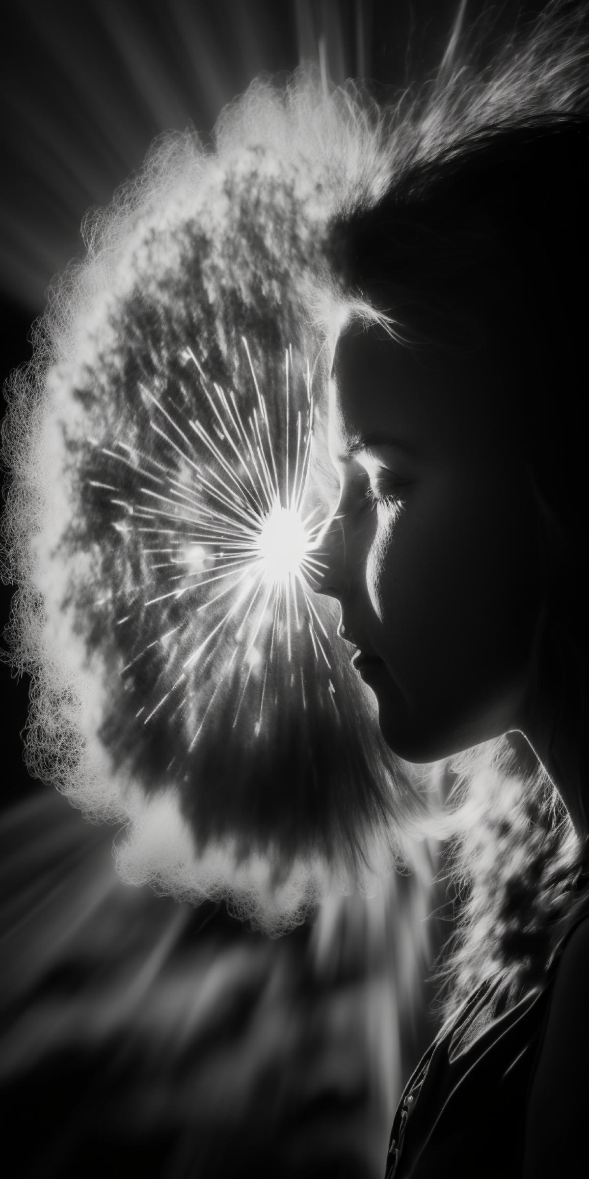 old negativ of a long haired woman behind a huge dandelion blowing half in front of her face with the sunlight shining through, super macro, uhd, dark and white photography, rebrandt lighting, back lighting, 4k, mamiya, nikon
