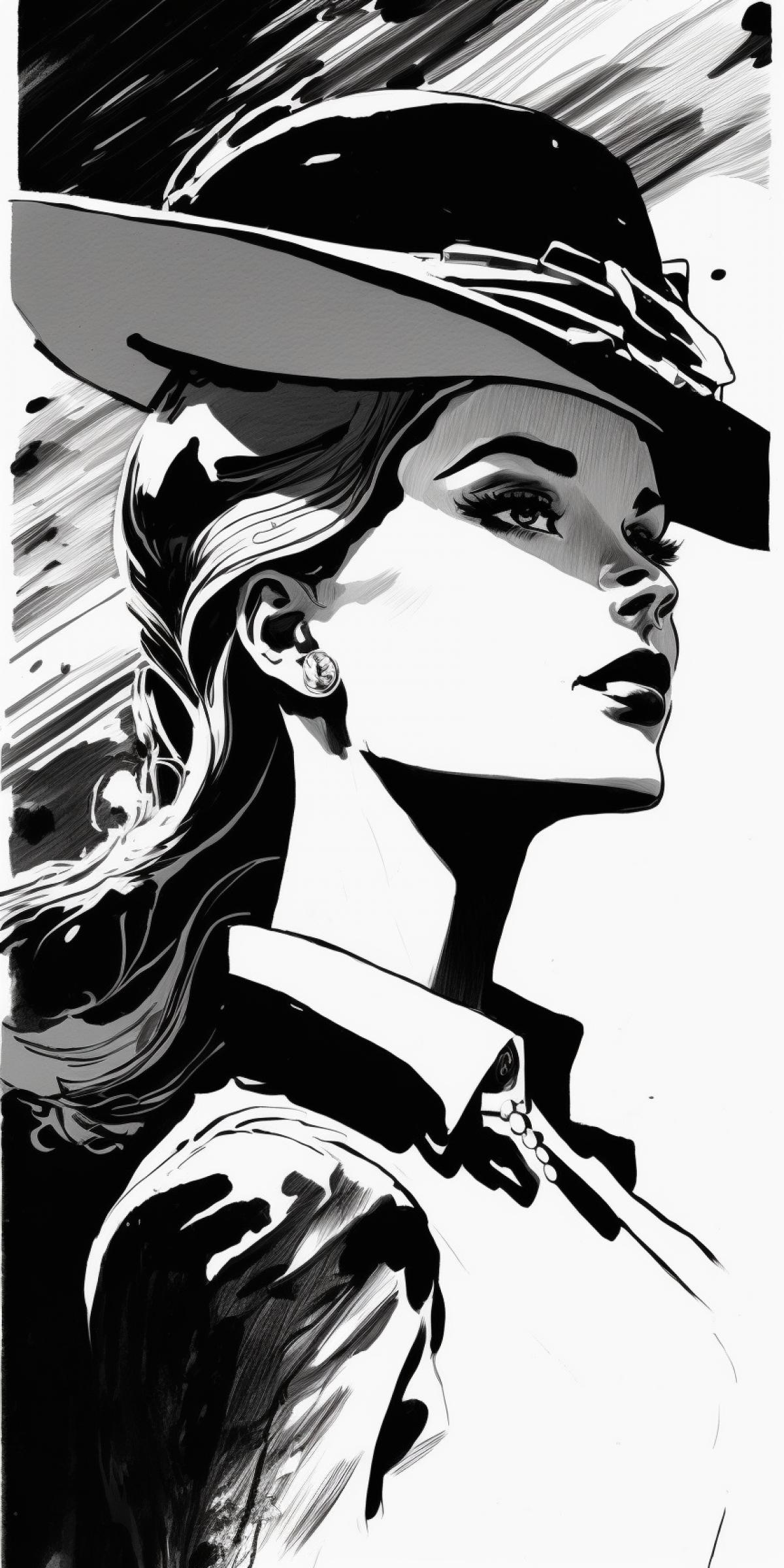 a mysterious dark and white pen and ink illustration of a beautiful woman with a large spectator hat, dynamic com4k, low angle and exaggerated perspective, clean lines and elegant curves, stylized and simple, lovely