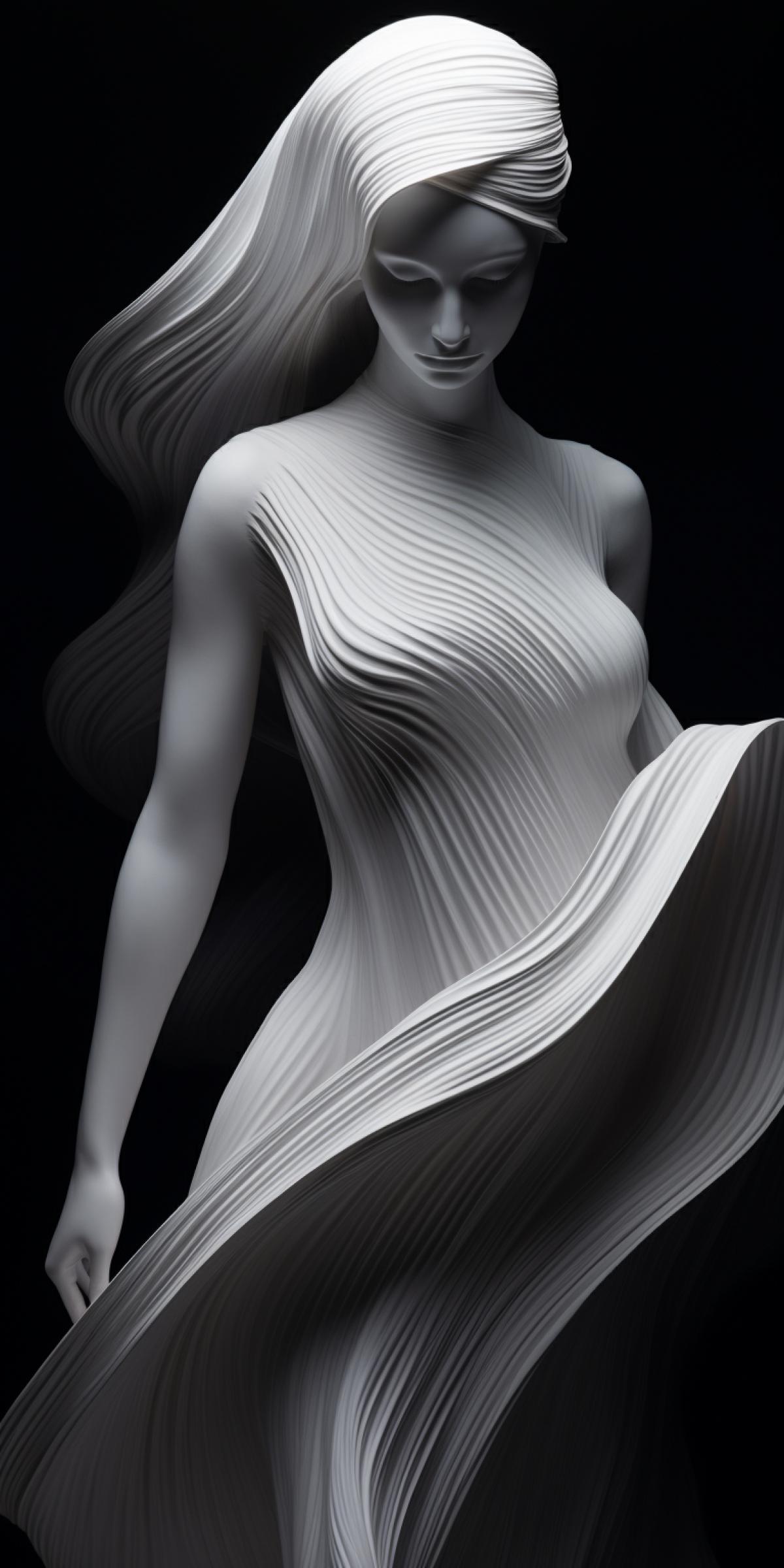a woman is shown in a dark and white picture, in the style of kinetic lines and curves, three-dimensional effects, flowing fabrics, minimalist portraits, michael page, iconic imagery, motion blur, dark and white