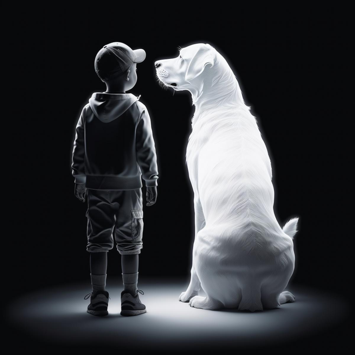 character art of a boy and his dog by nick veasey, dark and white