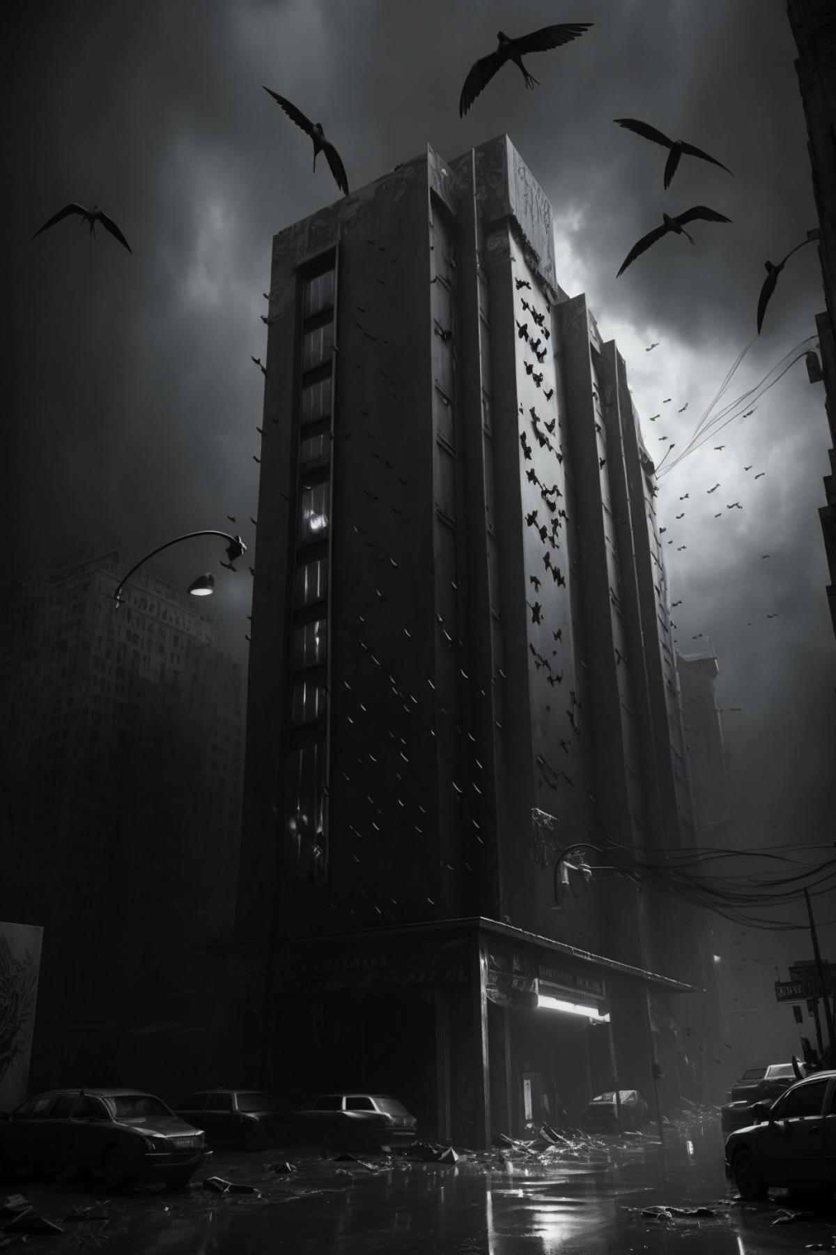 dystopian future, retro futuristic city, 1940, ravens, dramatic scene, chiaroscuro, dark and white, photography, photorealistic ar 2:3