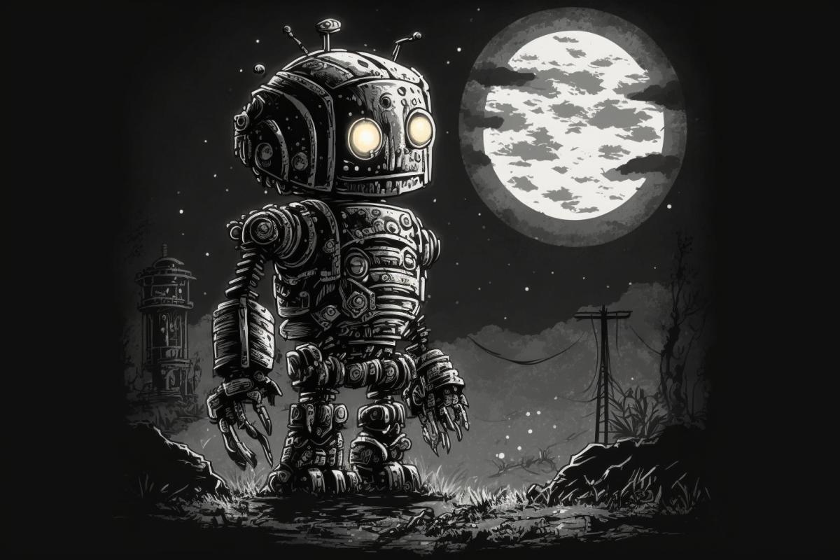 clean simple line art of a nice little rusty robot in front of a moonlight, monochrome, very intricate and detailed, centered, line art, dark background, bold dark outline on blank dark background, dark and white