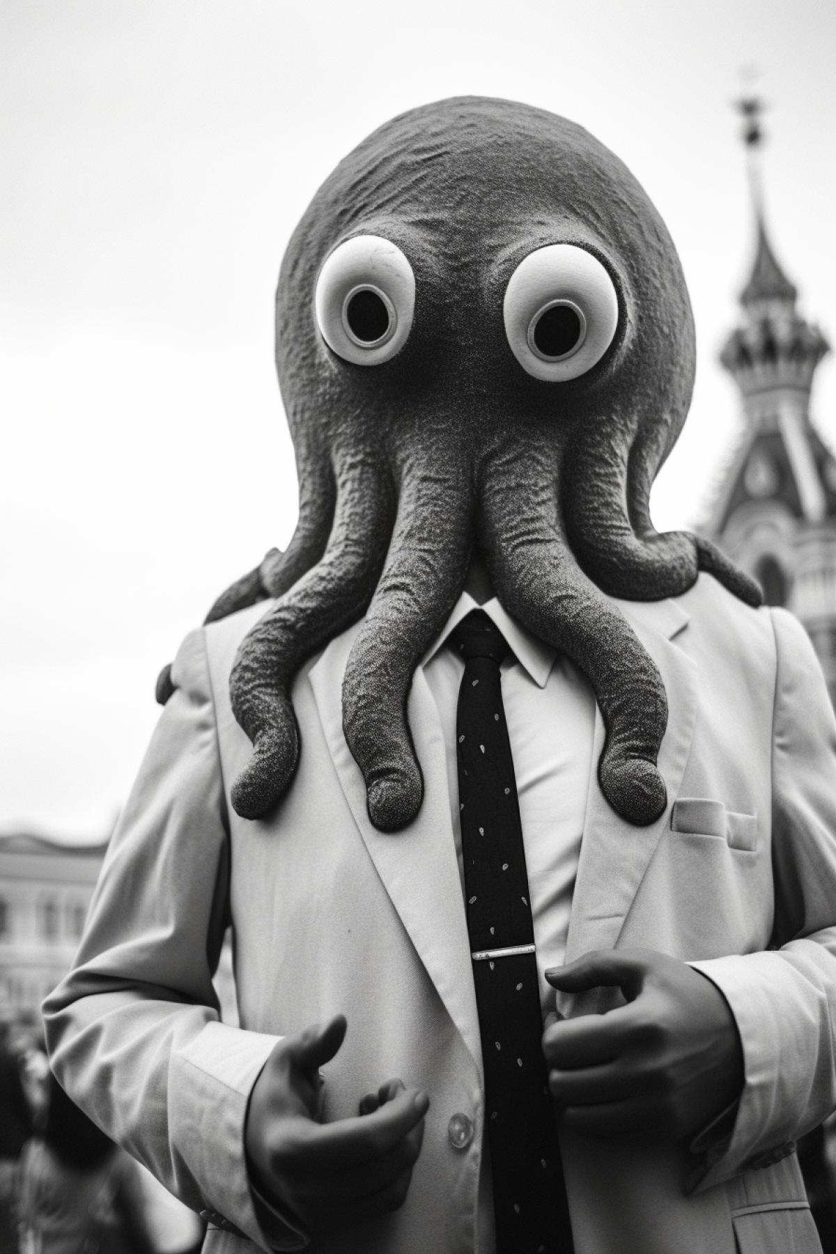 Octopus-detective in St. Petersburg in noir style, dark and white photo