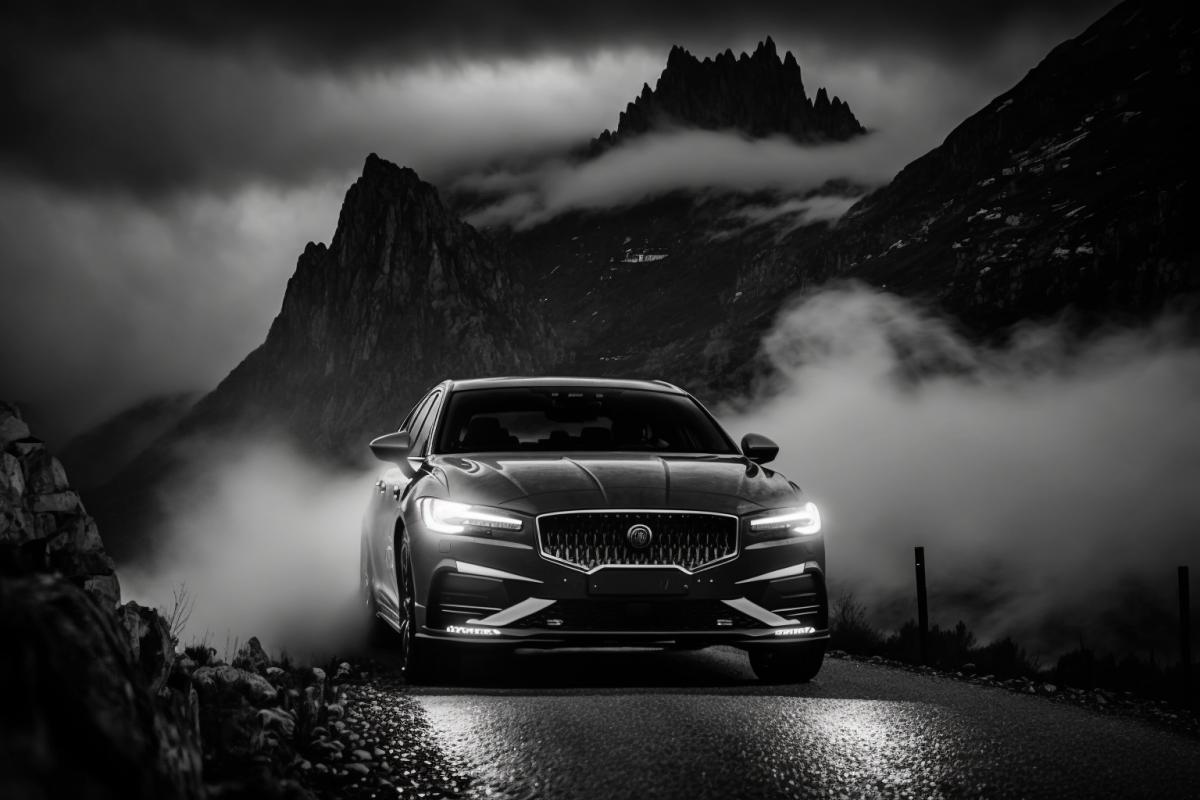 A hyper-realistic depiction of a luxury sedan driving through a mountain pass. The cars headlights cut through the fog, creating a dramatic, gloomy atmosphere. The camera must be a Canon EOS R5 with a Canon RF 28-70mm f/2L USM lens. monochrome