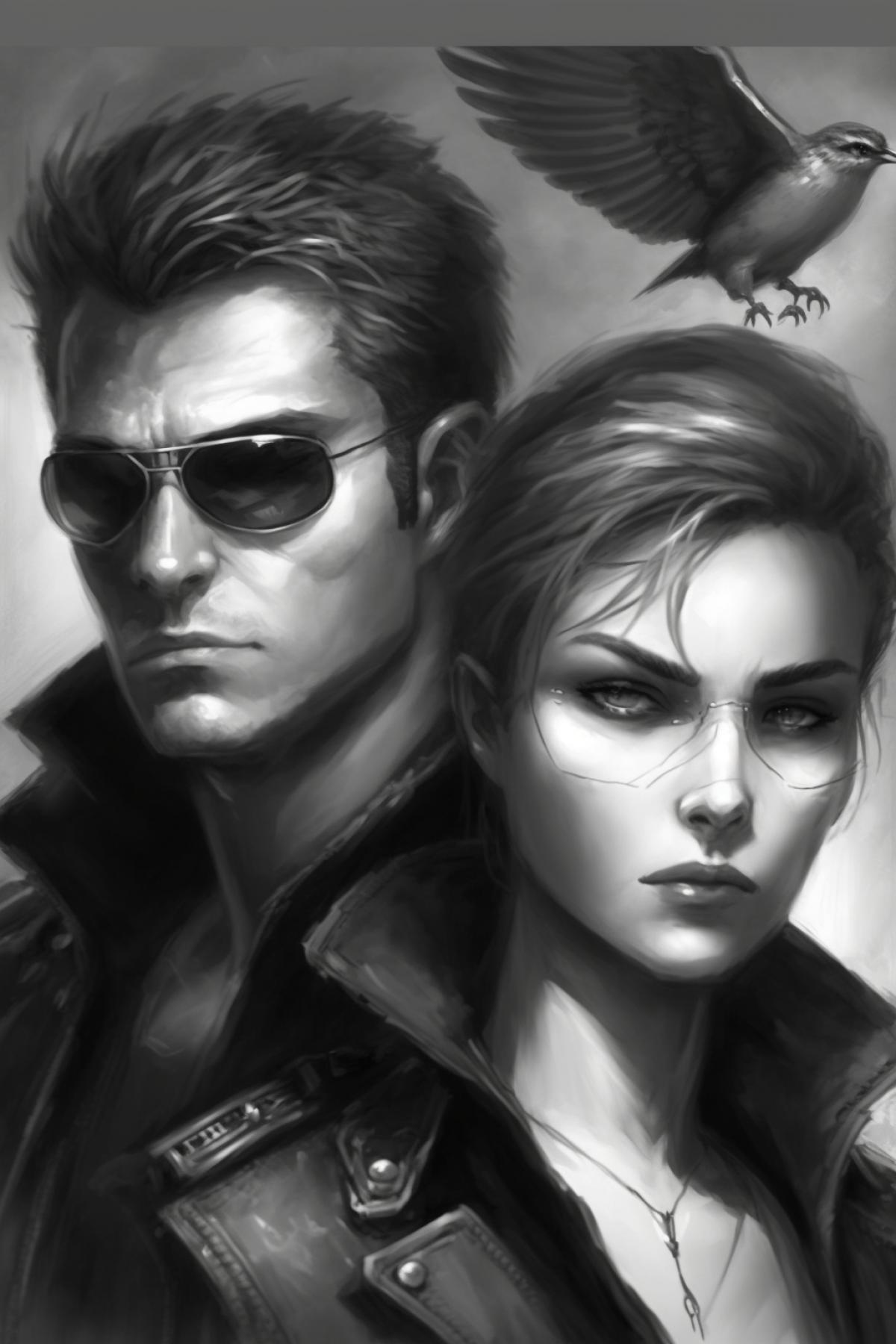 Albert Wesker and Rebecca Chambers owls, artgerm fan art, anime concept art, monochrome