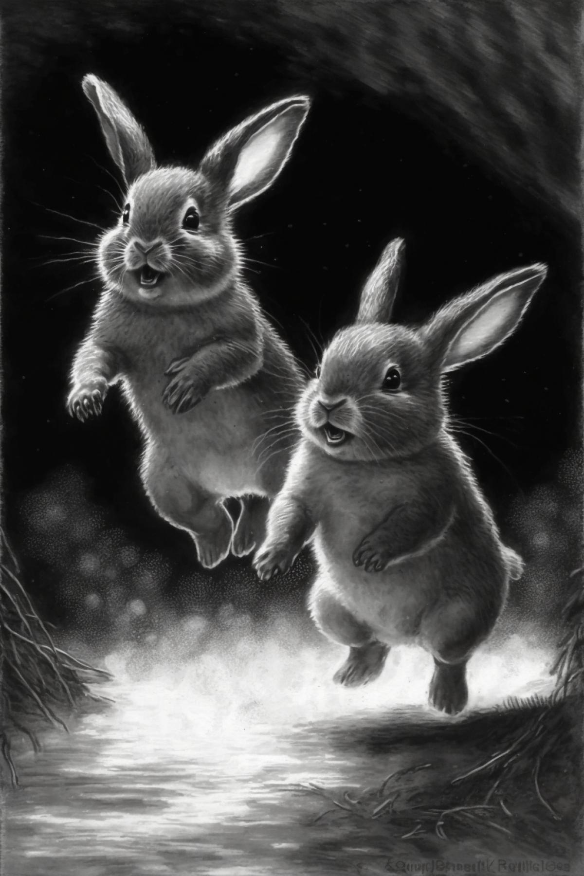 Happy jumping baby rabbits, pure joy, adorable charcoal drawing