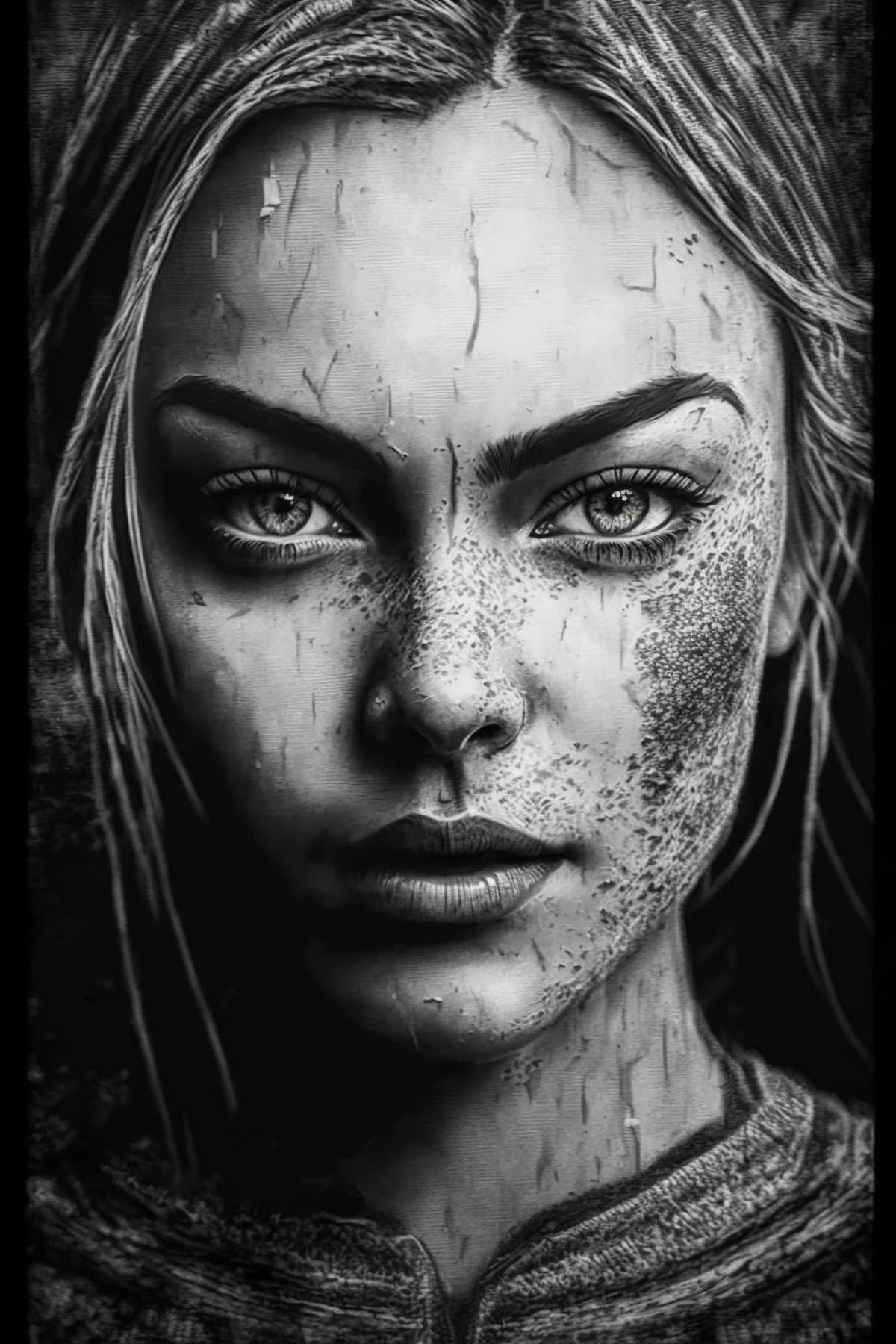 Stunning Hyper Detailed Vintage Sketch Art, 4k, Strong Facial Expression, Mandy Jurgens Style, Monochrome