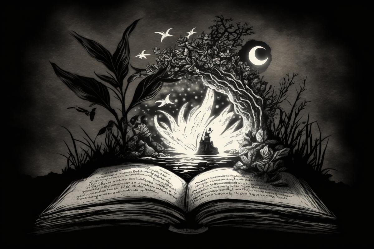 charcoal illustration of an open book with a picture inside, in the style of whimsical nature, mystical interpretations, romanticized nature, intricate images, whimsical animation, bloomcore, ocean academy