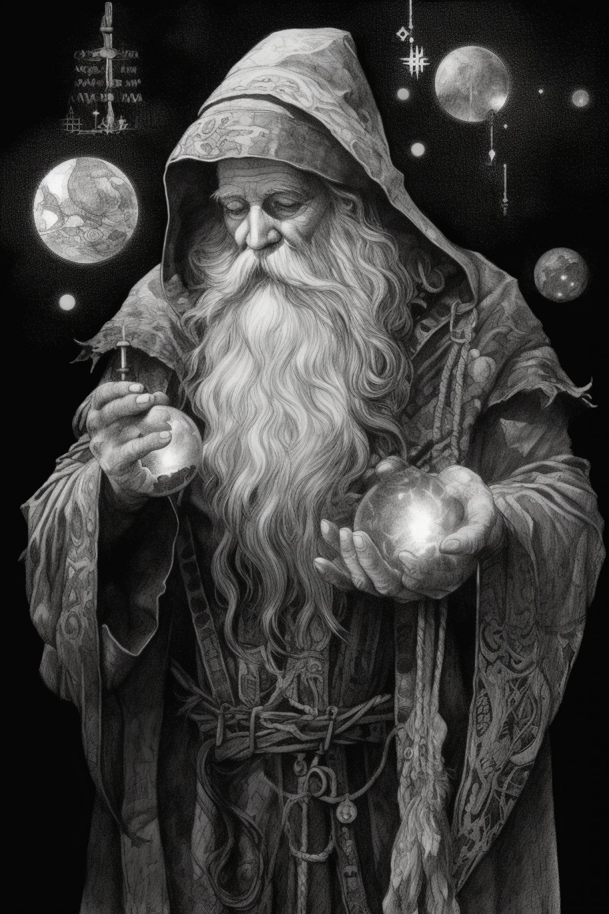 Medieval sorcerer, dark and white drawing