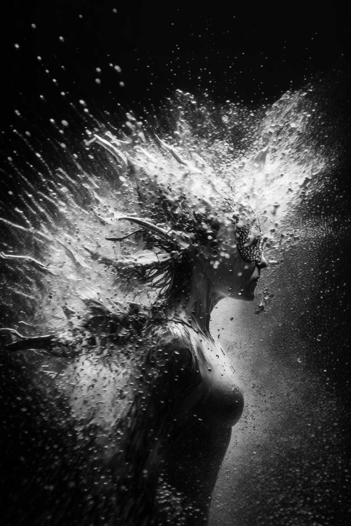 rain on water, splashes, close-up, freeze frame, professional dark and white photography