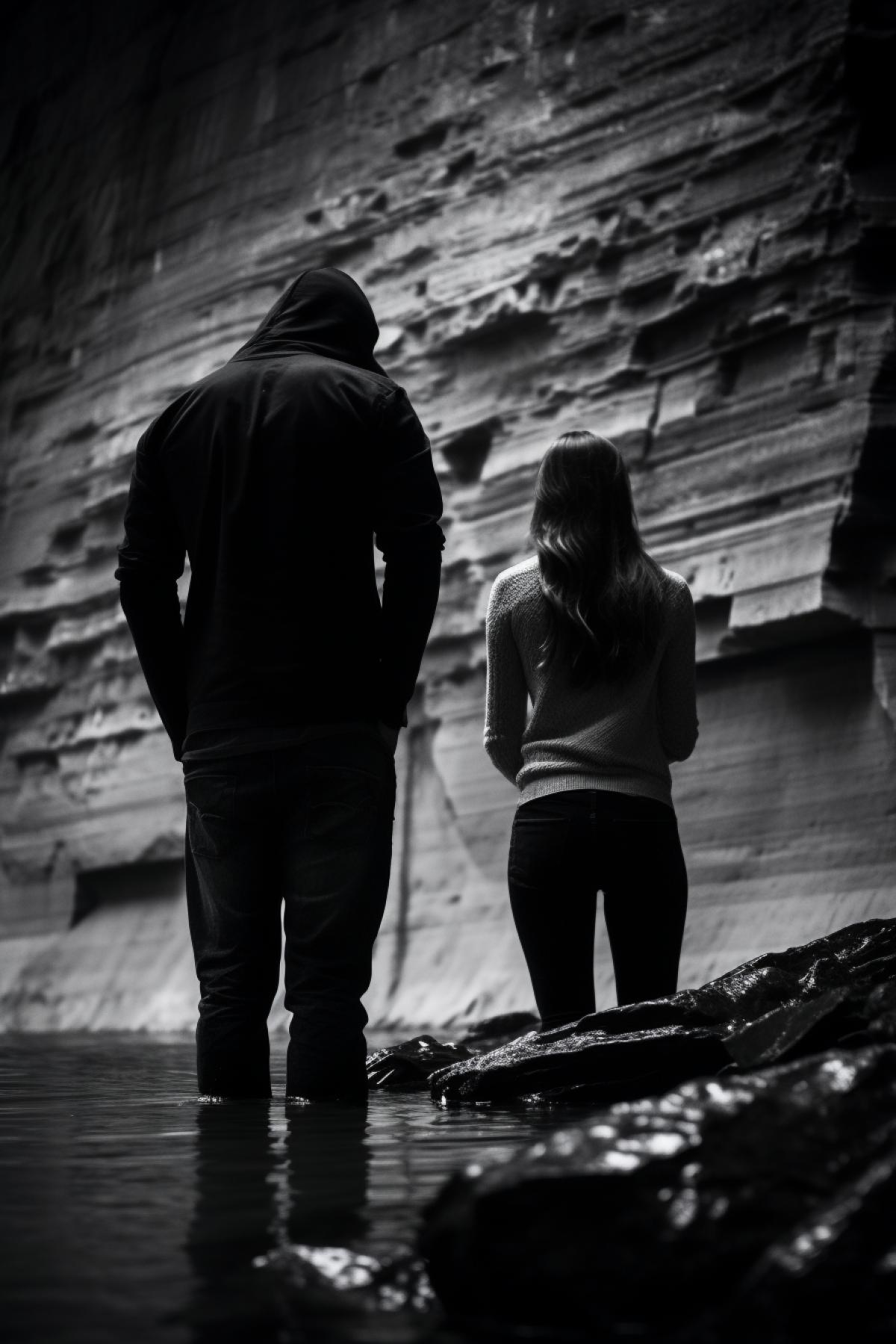 dark and white, water, stone, man, woman