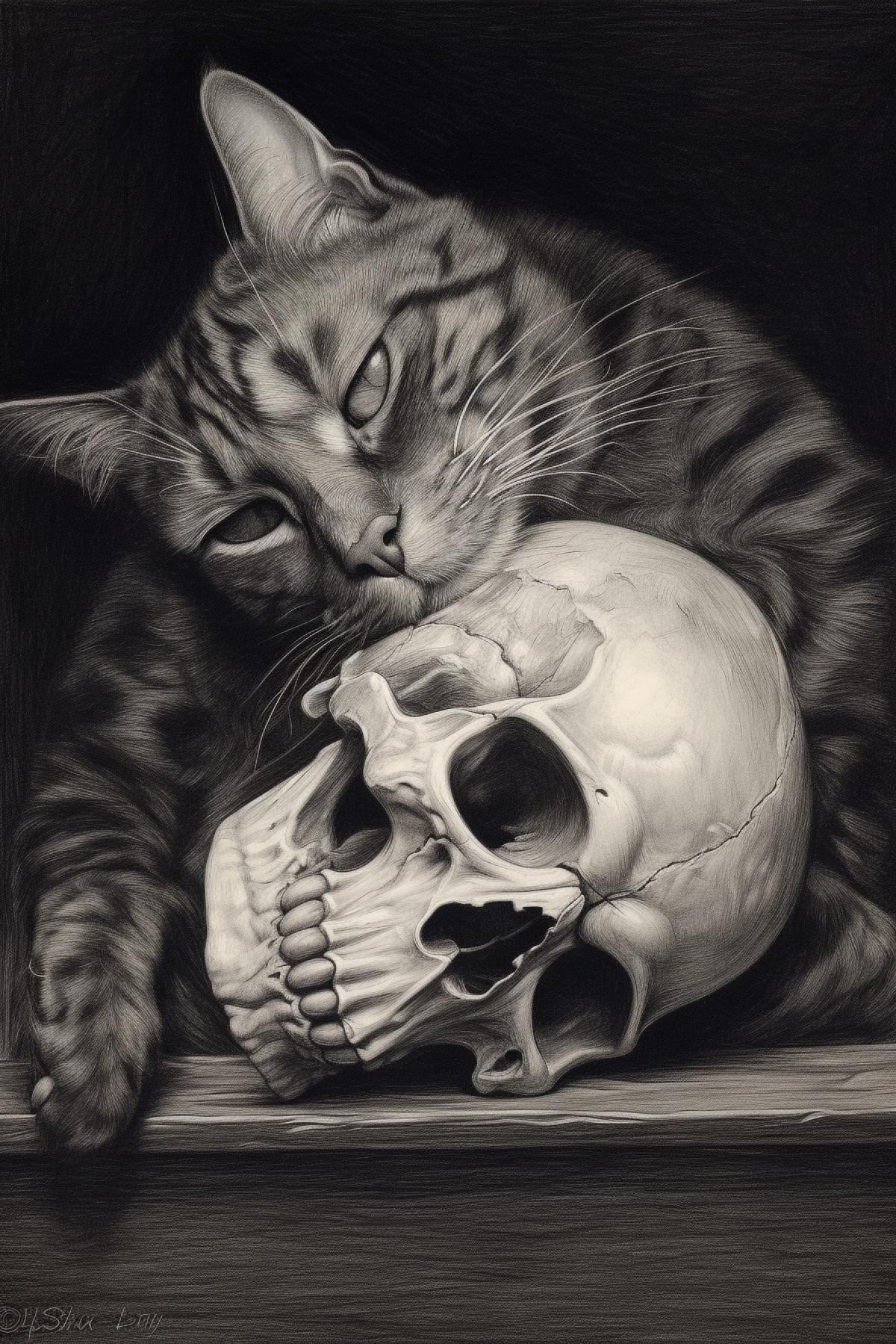 Cat death, dark and white drawing
