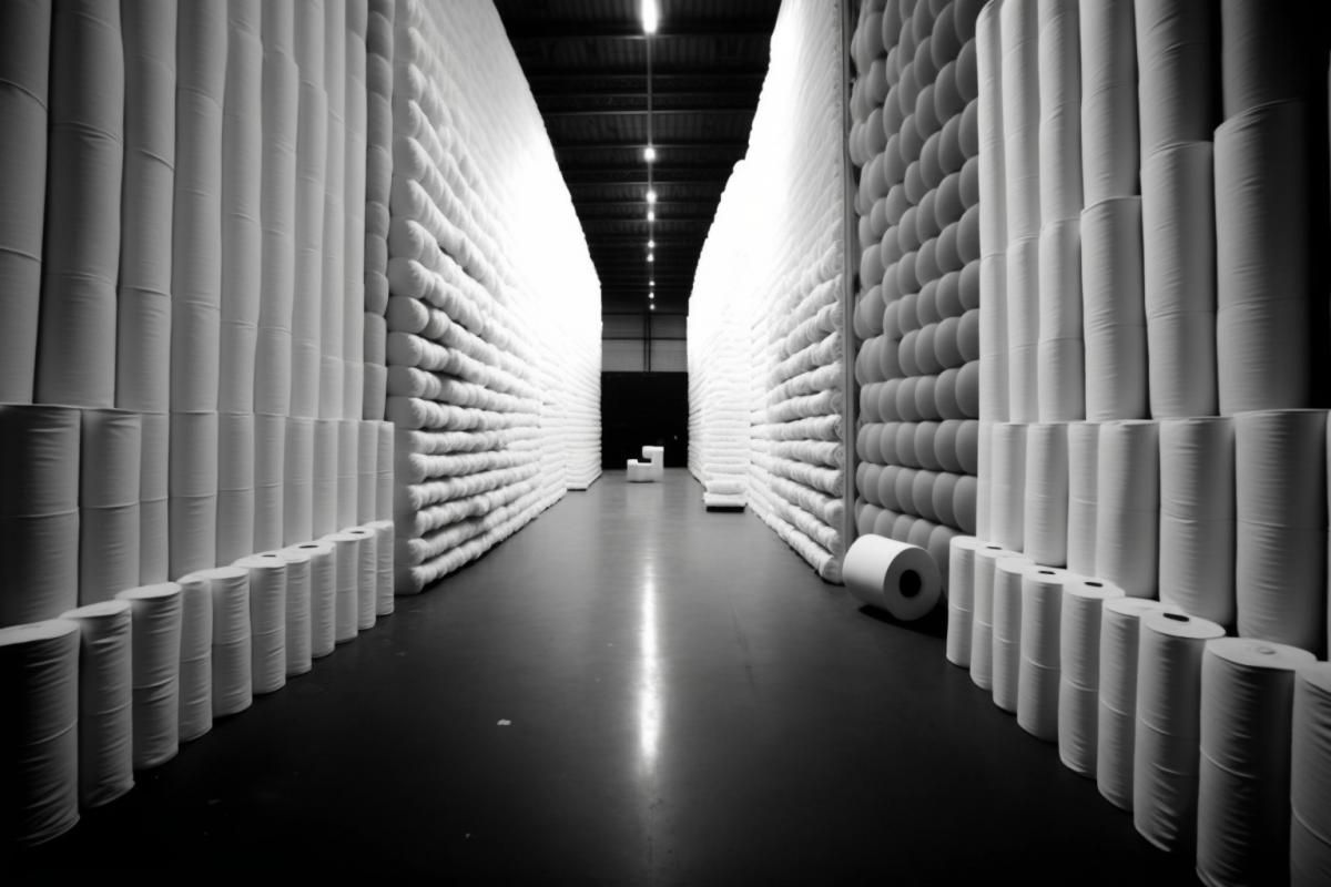 Huge warehouse of toilet paper, many shelves with toilet paper, dark and white photo
