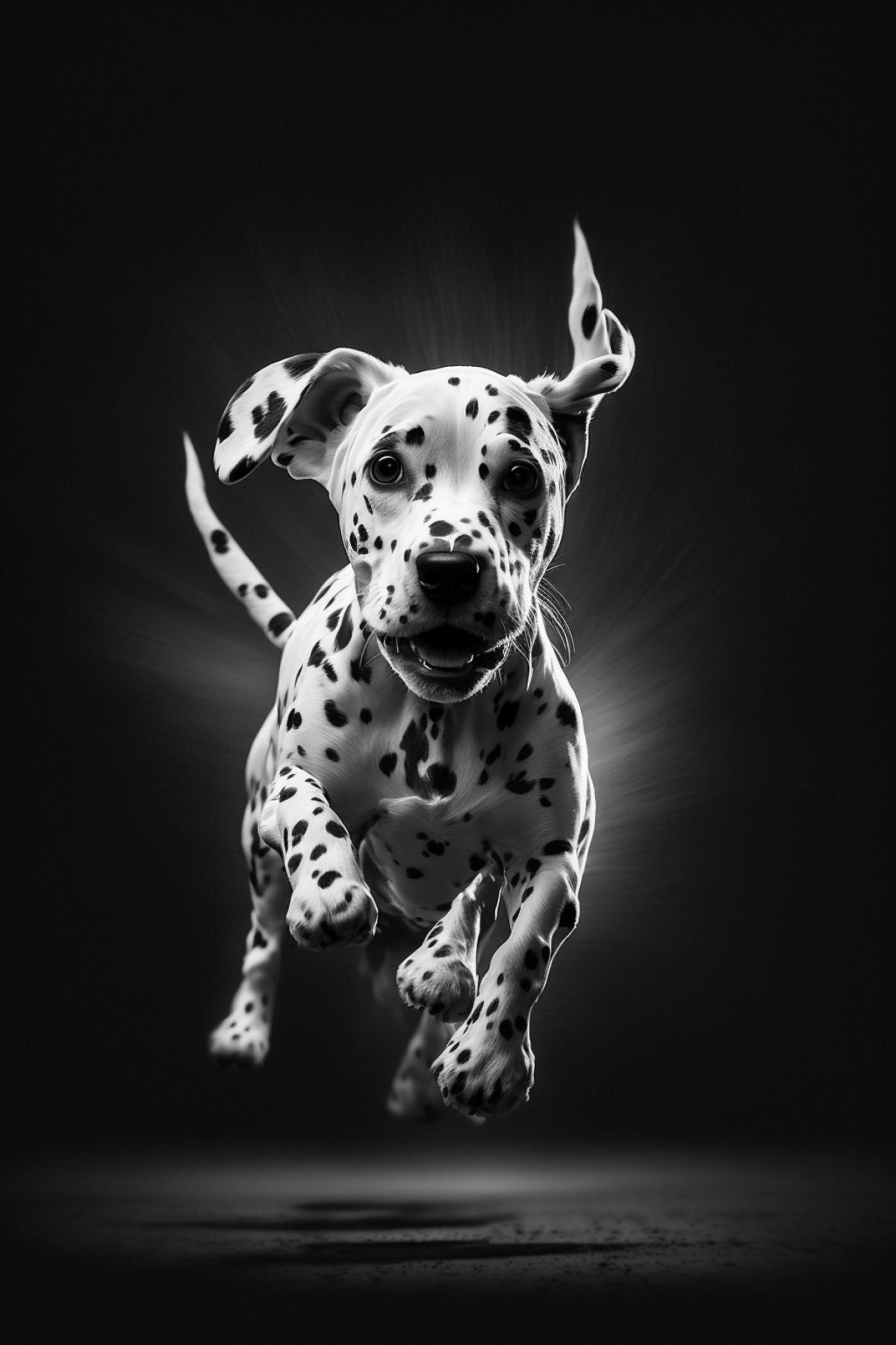 Adorable dalmatian running in action, close up, dark and white photo, ar 2:3