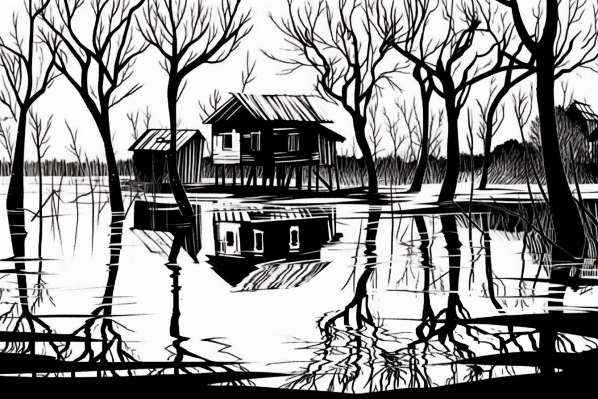 dark-and-white illustration with pen and ink, spring flood of the river, half-submerged wooden rural houses, spreading tree trunks without leaves, all in water, reflections as in a mirror, calm balanced com4k, freshness of spring morning in dark-and-white illustration