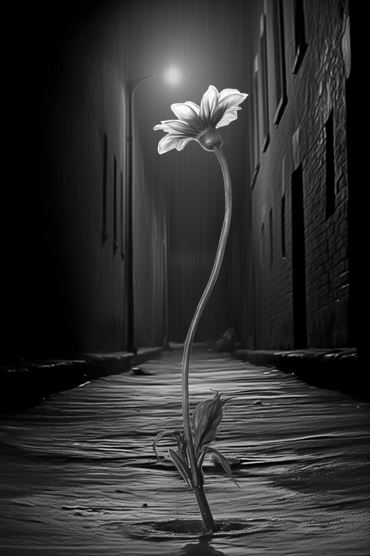 A beautiful single flower makes its way out of the asphalt, reaches for a street lamp, dark and white drawing