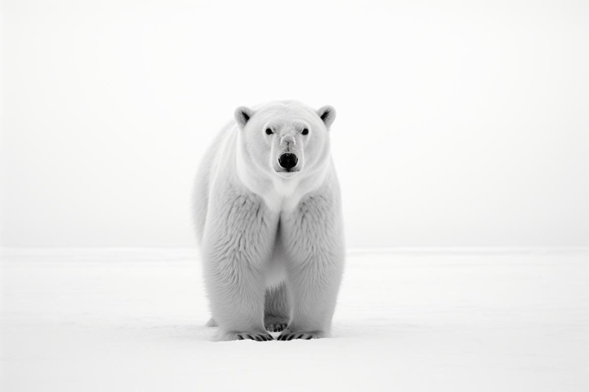 dark and white photography, white polar bear on the endless snow and ice plain